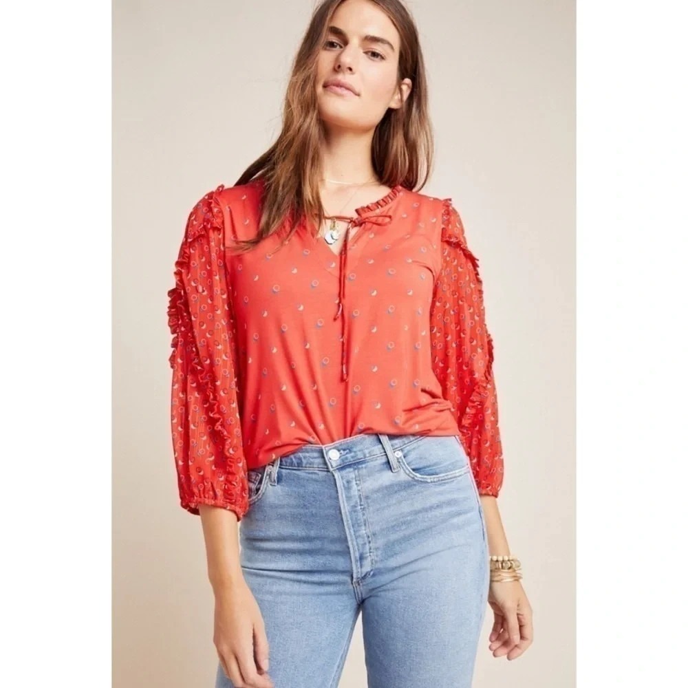 Anthropologie Maeve Jacquin Peasant Blouse Sz L Red Bohemian Cottage Whimsical